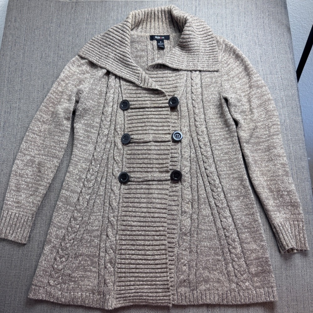 Style & Co Womens Taupe Cable Knit Double Breasted Cardigan Shawl Collar Medium